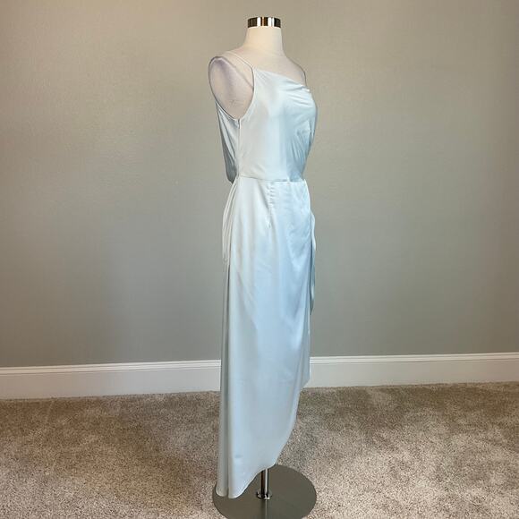 Satin One Shoulder High Low Cocktail Dress Blue Size 12 Thigh Slit Shift by AQUA - Picture 4 of 12